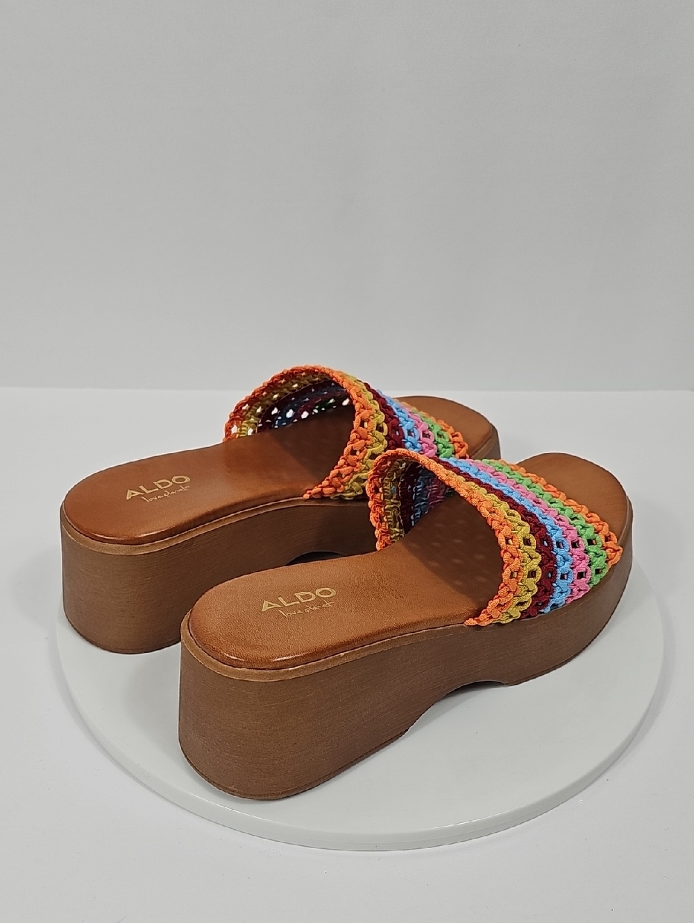 NIB Aldo Yassu Rainbow Crochet Platform Slide Sandals Crochet Multicolor Brown 7 - Picture 6 of 13